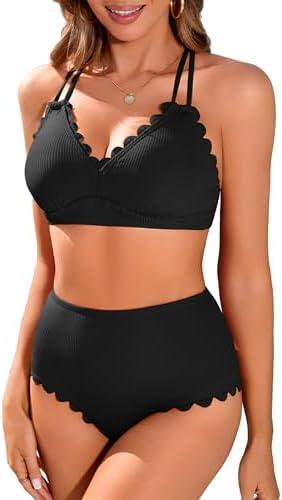 Charmo Women Scallop Trim Bikini Sets Ribbed Two Piece Bathing Suit V Neck High Waisted Swimsuits , size small