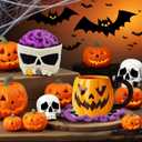 2PCS Halloween Coasters with Holder for Gothic Decor, Handmade Woven Crochet Skull Coasters for Drinks Cup, Unique Coaster for Horror Halloween Party Kitchen Office Coffee Table Decor (Purple&Green)