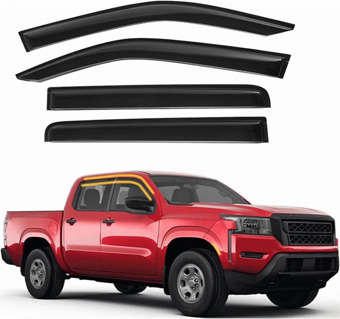 Tape-On Window Visors 4-Piece Compatible with 2022-2025 Nissan Frontier Crew Cab Sun Rain Guards Shield Shade Smoke (black)