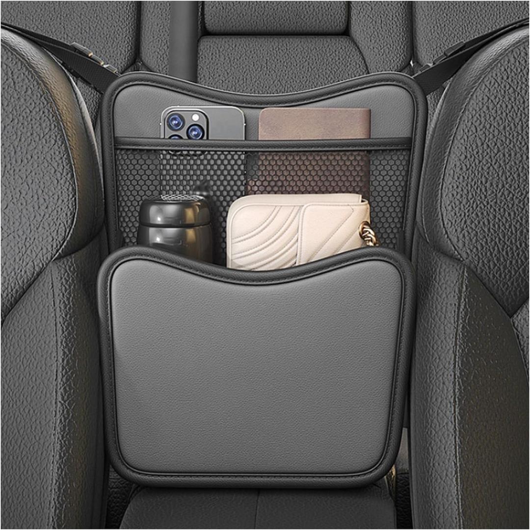 Car Organizer Storage Between Seats, Nappa Leather Auto Handbag Holder for Document Phone Storage, Large Capacity Automotive Console Pocket Purse, Car Accessories (Gray)