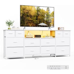 VERMESS 63 Inch 12 Drawers Long Dresser for Bedroom, Chest of Drawers, TV Stand with LED & Power Outlets, Entertainment Center with Storage Shelves, TV Unit for Living Room, for 65, 70 Inch TV, White