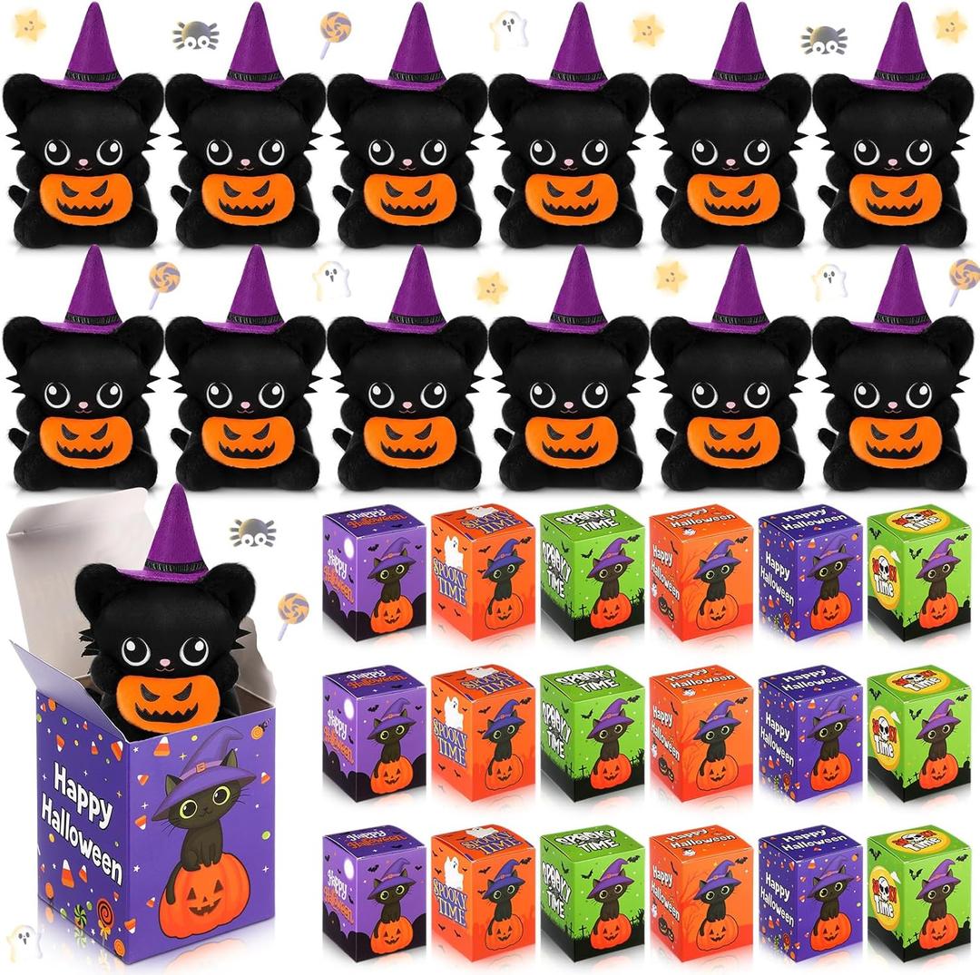 Civaner 24 Sets Halloween Stuffed Animal Mini Plush Toys Bulk with Gift Boxes Small Pumpkin Witch Hat and Keychains for Halloween Party Favors Decorations Classroom Exchange Gifts Doll(Black Cat)