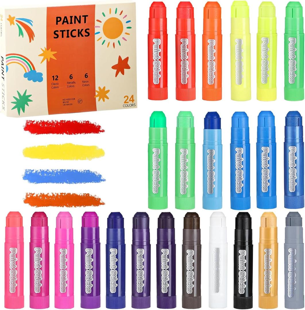 24 Colors Tempera Paint Sticks, No Mess, Quick-Drying & Non-Toxic Art Supplies, Easy-Grip for Toddlers and Kids, Works Great on Paper, Wood, Glass, Canvas, Gifts for Drawing on Various Objects