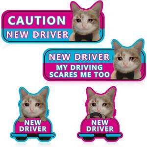 4Pcs Newbie Cat Magnetic Car Stickers New Driver Magnet for Car, Student Driver Magnet for Car, New Driver Sticker Funny Car Magnets, Can Be Used During Day & Night Sticker Supplies for Car Bumper