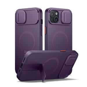 SURITCH for iPhone 14 Plus/15 Plus Case with Magnetic Camera Slide Cover and Adjustable Kickstand, Compatible with MagSafe, Shockproof Bumper Case Slim Protective Cover 6.7 Inch, Dark Purple