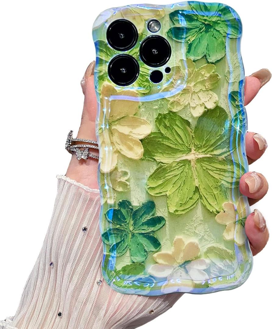 Case for iPhone 13 Pro Max,Exquisite Colorful Retro Oil Painting Flower,Stylish Glossy Pattern Wave Frame,Soft Durable Shockproof Camera Protection iPhone 13 Pro Max Case for Women Girl-Green