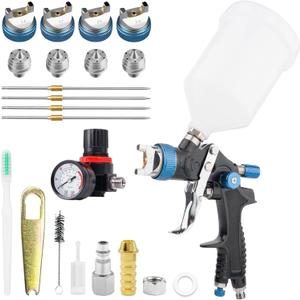 HVLP Paint Spray Gun, Air Gravity Feed System with 4 Nozzles 1.4/1.7/2.0/2.5mm & Regulator for Efficient, Automotive Paint Gun for Car, House Painting, Furniture, Wall, Shed, Fence Painting (Blue)
