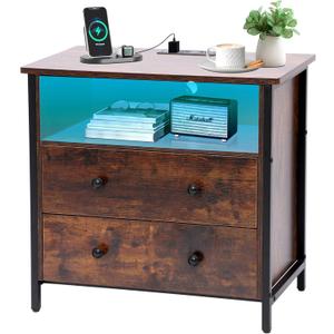 27 Inch Wide Night Stand, Large Wooden Night Stand with 2 Drawers, LED Nightstand with Charging Station and Adjustable Drawer, Bedside Table for Living Room/Bedroom/Study/Office, Retro Brown.