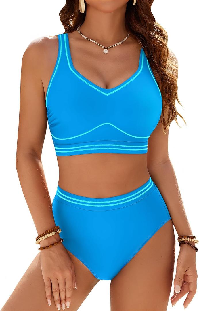 Blooming Jelly Womens High Waisted Bikini Sets Tummy Control Swimsuits Two Piece Modest Bathing Suit Sporty Swim Suits (Blue, S)