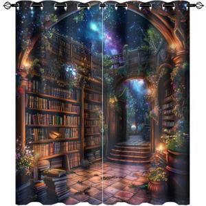 Abstract Bookshelf Blackout Curtains for Bedroom Living Room, Plants Library Star Fantasy Thermal Insulated Curtains Window Drapes with Grommet, 21W x 45L, 2 Panels