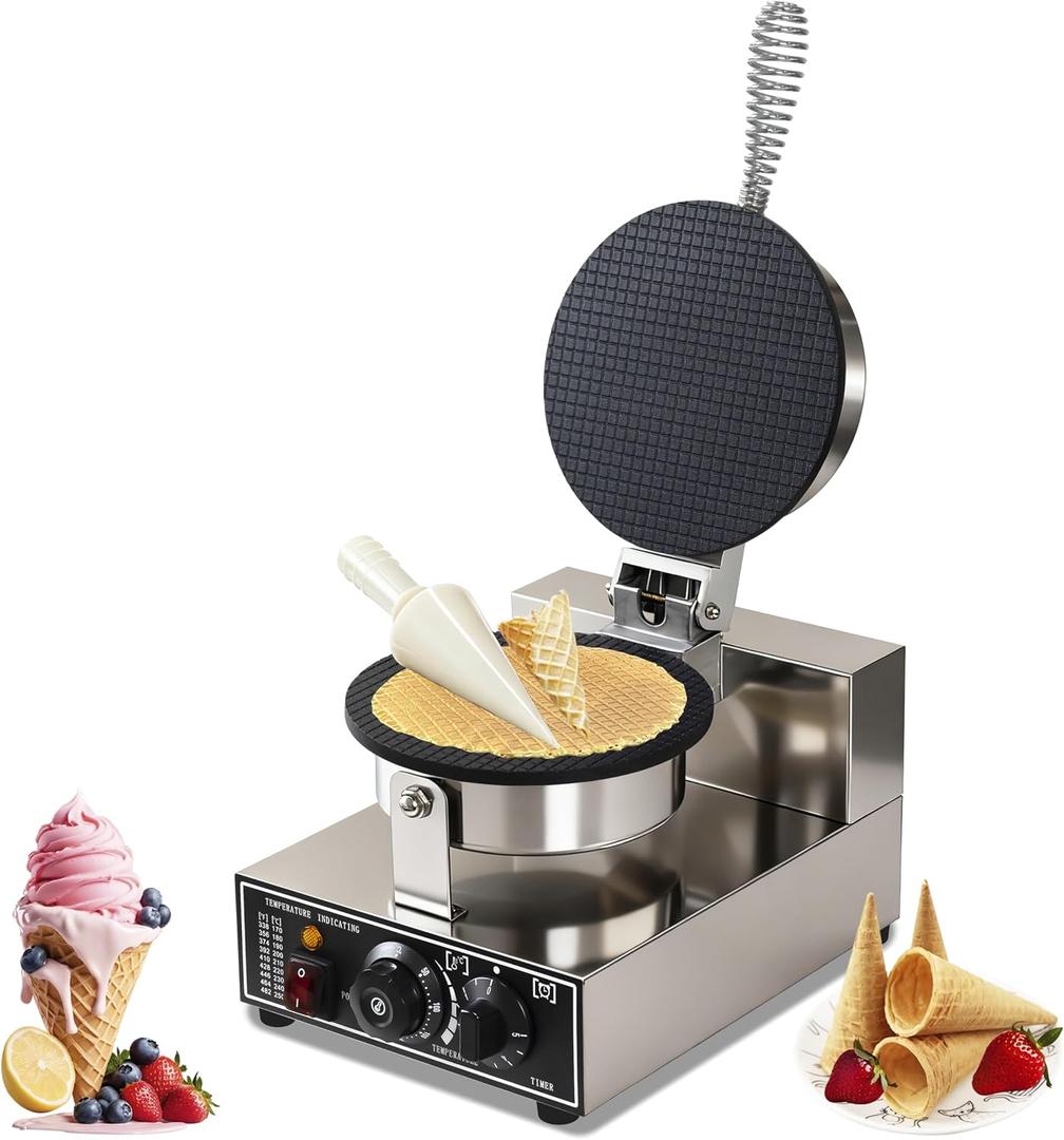 110V Electric Ice Cream Cone Maker 1300W Commercial Waffle Cone Machine 1300W Electric Stainless Steel Egg Cone Baker Non Stick coating with Temp & Time Control for for Restaurant Bakeries