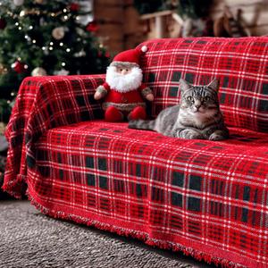 Christmas Couch Cover 71"x 118"Green and Red Plaid Sofa Covers for 3 Cushion Couch Covers with Tassel Farmhouse Protector for Christmas Decorations Sofa Throw Cover