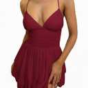 eoeoo Women's Sexy V Neck Ruffled Hem Mesh Sleeveless Ruched Spaghetti Strap Flowy Mini Dress WineRed S (S)