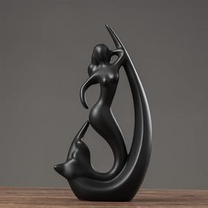 Ceramic Beauty Mermaid Statue Sculpture Black Animal Art Porcelain Figurine Home Decor Decorations for Living Room Book Shelf Carbinet Desk Table Top Ornament (K1)