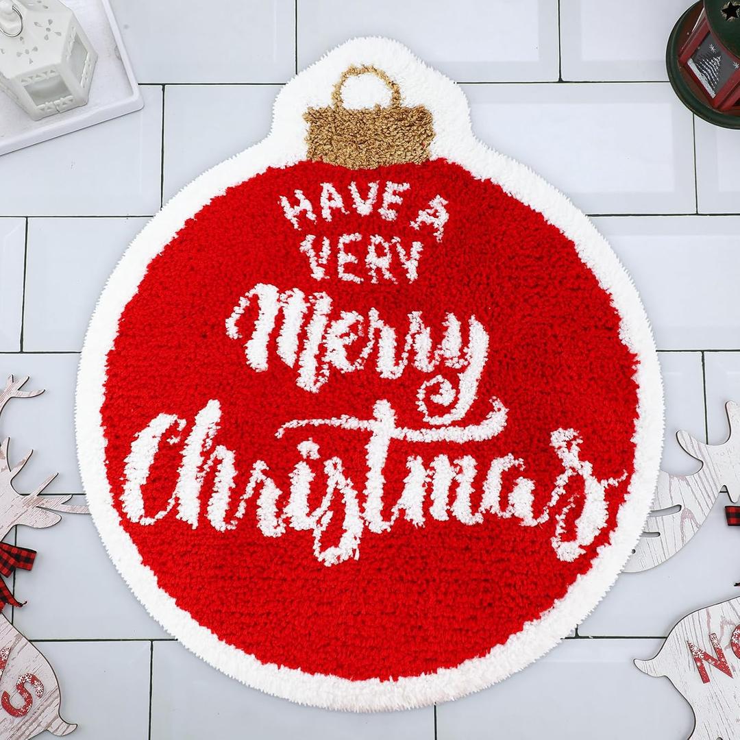 Ceenna Christmas Bathroom Rugs 22 x 26 Inch Red Round Non Slip Decorative Soft Bath Mat Absorbent Cute Christmas Bathroom Decor Washable Machine for Holiday New Year Home Floor