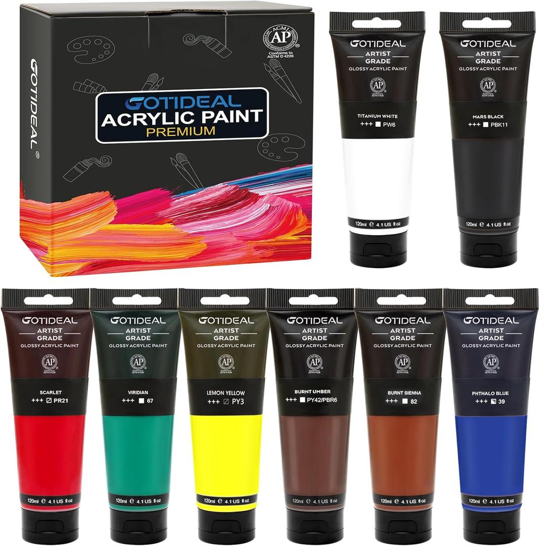 GOTIDEAL Craft Acrylic Paint Set,8 Primary Colors(120ml,4 oz) Rich Pigments Non-Toxic Washable, Professional Paint for Pouring on Canvas, Rocks, Ceramic, Fabric, Leather, Ideal for Artist, Adults