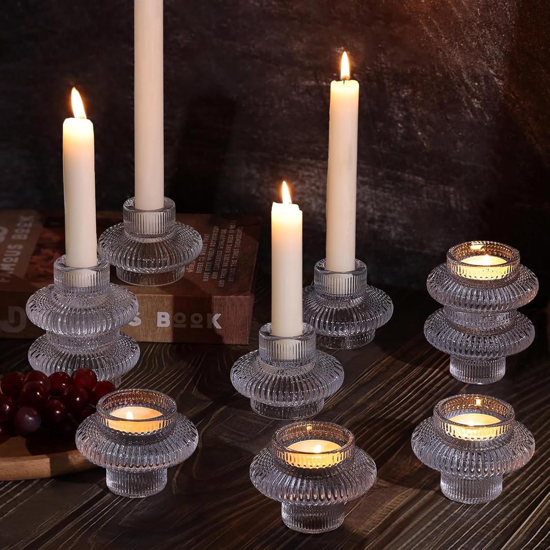 Glass Candlestick Holders 10 Pcs  Clear Ribbed Taper Candle Holders, Vintage Votive Candle Holders for Table Centerpiece, Wedding Christmas Dinner Party Decorations