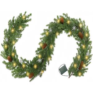 CENMORISE 6FT Lighted Chirstmas Pine Garland with 20 LEDs, Cypress Garlands Realistic Battery Operated with Pine Cones & Stars for Mantle Outdoor Indoor Xmas Decorations