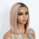 NOBLE Light Pink Bob Wigs for Women T Part HD Lace Front Wigs Colored Ombre Blonde Synthetic Long Bob Wigs for Party and Daily Use (Light Pink with Dark Root Color) (12.5 Inch (Pack of 1))