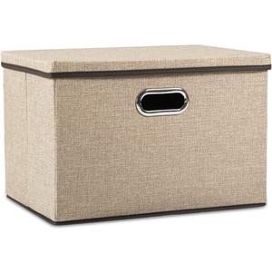 PRANDOM Large Collapsible Storage Bins with Lids [1-Pack] Jute Fabric Foldable Storage Boxes Organizer Containers Baskets Cube with Cover for Home Bedroom Closet Office Nursery (17.7x11.8x11.8) (Khaki)