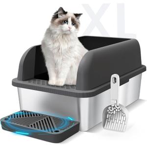 Stainless Steel Cat Litter Box with Enclosed Lid Extra Large Litter Box for Big Cats XL Metal Litter Tray Pan with High Sides Wall Enclosure, Easy Cleaning, Anti-Leakage, Non-Sticky (Charcoal Gray) (6 Deep)