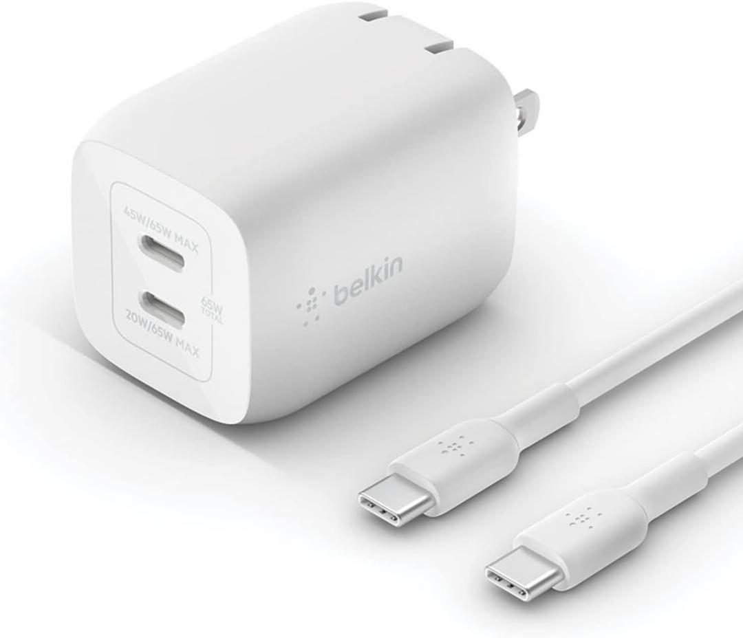 Belkin Dual USB-C GaN Wall Charger with PPS 65W [USB-C to USB-C Cable included] - Power Adapter