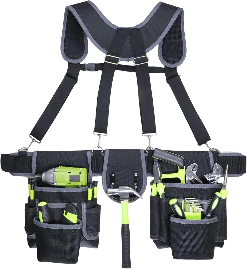 Tool Belt, Tool Belts for Men, 32 to 66 Inches Adjustable Waist, Electrician and Carpenter Tool Belt with Suspenders for Construction and Gardening, Black and Grey