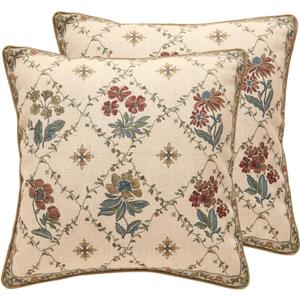 patdrea Designer Throw Pillow Covers Set of 2,Square Euro Retro Style Light Brown Linen with Floral Pattern Pillow Cover,Decorative Pillowcases Cushion for Bed Living Room Outdoor Car,18"x18"