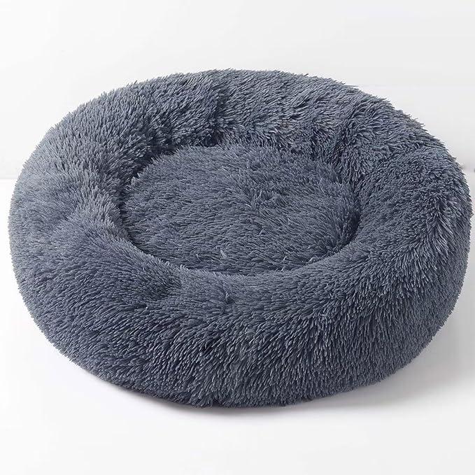 Bedsure Calming Dog Bed for Small Dogs - Donut Washable Small Pet Bed, 23 inches Anti-Slip Round Fluffy Plush Faux Fur Large Cat Bed, Fits up to 25 lbs Pets, Dark Grey