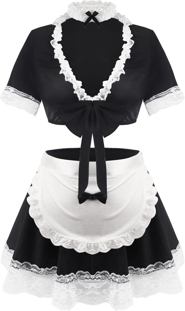 paloli Maid Outfit For Women,Maid Costume With Lace Apron,Fancy Halloween Dress Cosplay Lingerie Set (XL, Black)