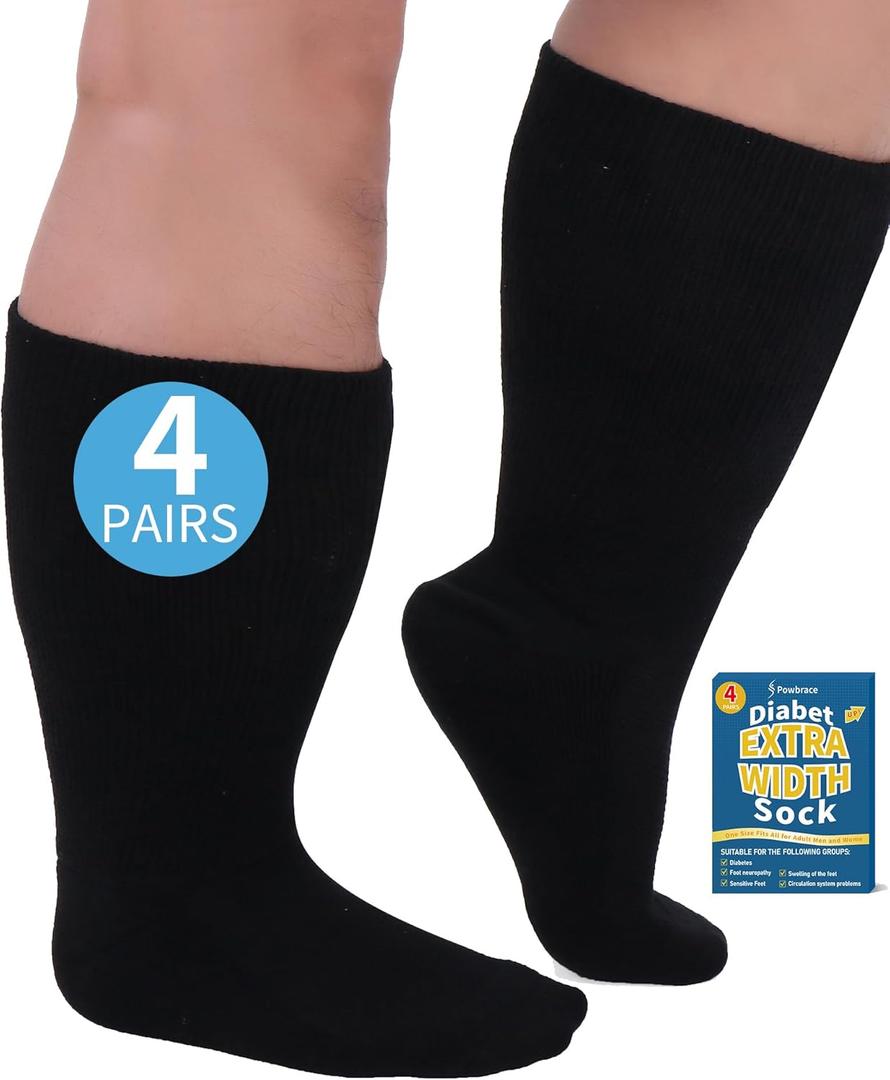 Powbrace 4 Pairs Wide Diabetic Socks for Swollen Feet, Lymphedema & Edema Relief, Non-Binding Calf Socks for Men & Women (One Size)
