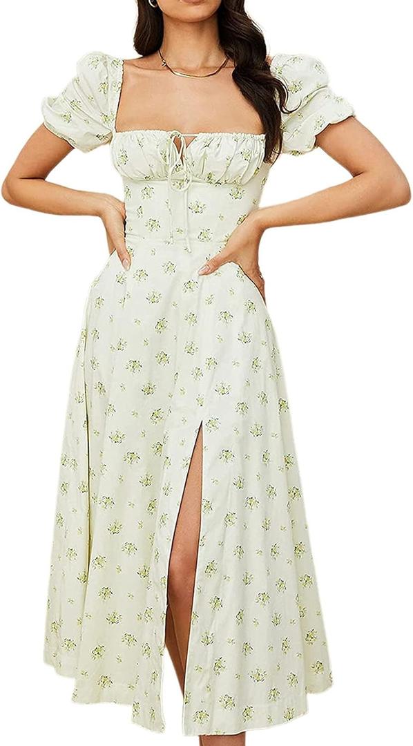 Women Puff Sleeve Floral Maxi Dress Cottagecore Smocked Side Split Dresseses Light Green Small