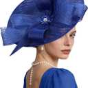 Kgromfy Women's Wide Brim Fascinator Hat Tea Party Headband Large Vintage Church Hat Lady Headwear for Derby Wedding Cocktail, Royal Blue