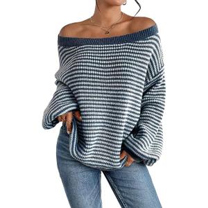 Women's Oversized Striped Sweater Casual Off The Shoulder Sweater Fall Long Sleeve Loose Knit Pullover Jumper Tops (Blue)
