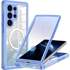 Hekodonk for Galaxy S25 Ultra Case Magnetic,[Compatible with Magsafe][Built-in Tempered Glass Screen Protector][Glitter Card] Full Body Bling Case for Samsung Galaxy S25 Ultra,Blue