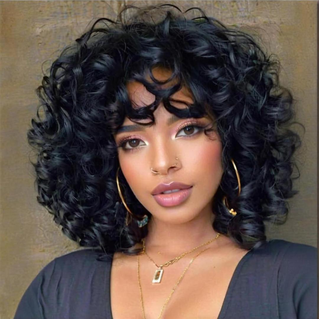Short Curly Wigs for Black Women Soft Black Big Curly Wig with Bangs Afro Kinky Curls Heat Resistant Natural Looking Synthetic Wig for African American Women Black
