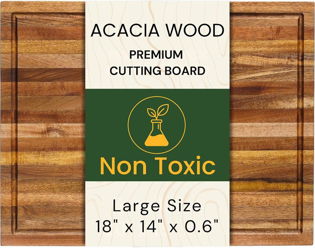 Large 18x14 Inch Acacia Wood Cutting Board, 0.6" Thin Edge Grain w/Deep Juice Groove & Handle for Meat, Bread, Cheese, Kitchen Prep, Solid Hardwood, Non-Toxic, BPA-Free by New M Way