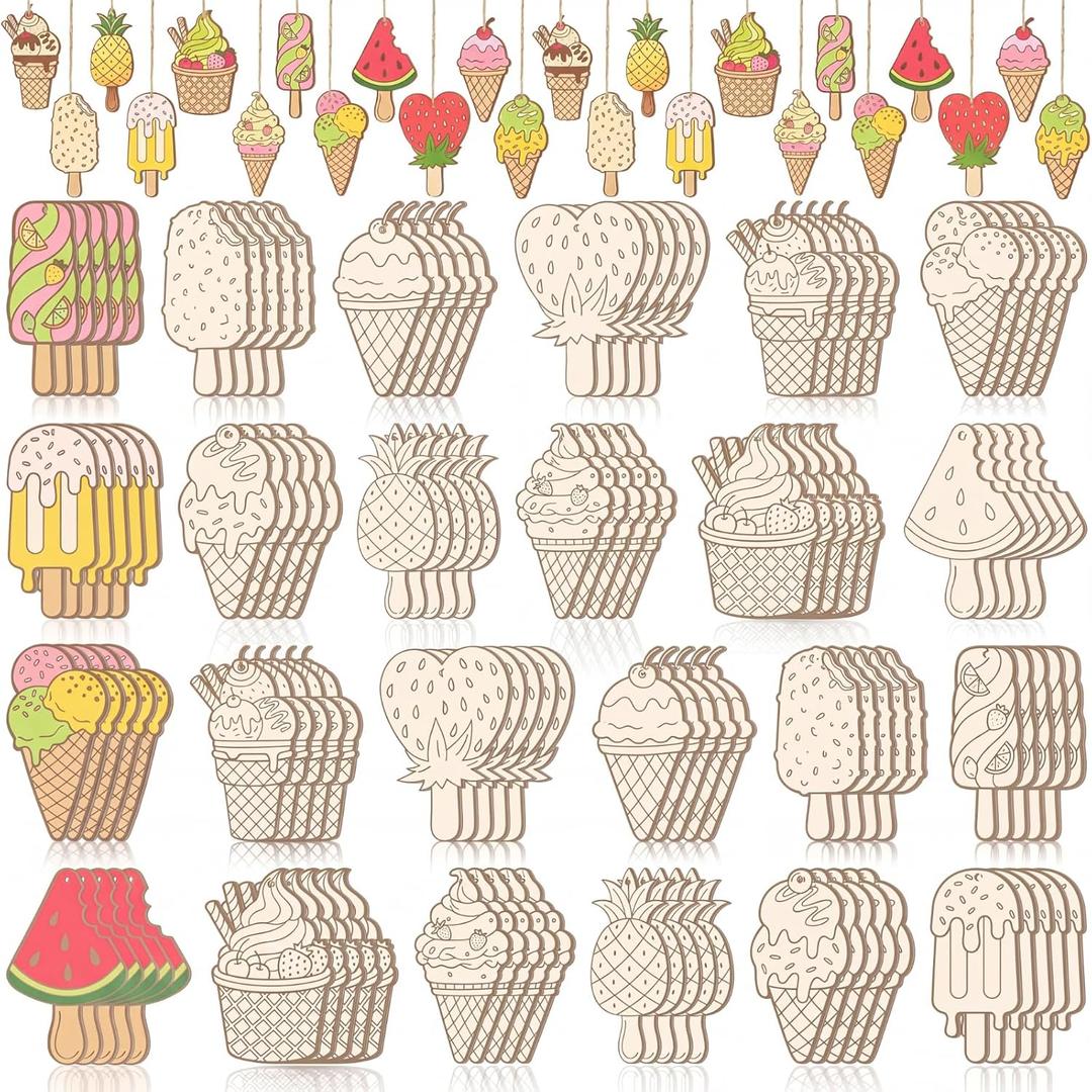 Thyle 120 Pcs Summer Ice Cream Wooden Crafts Unfinished Cutouts Ornaments to Paint Summer DIY Cutouts Hanging Tree Ornament Bulk for Kids Painting Party Decor Supplies
