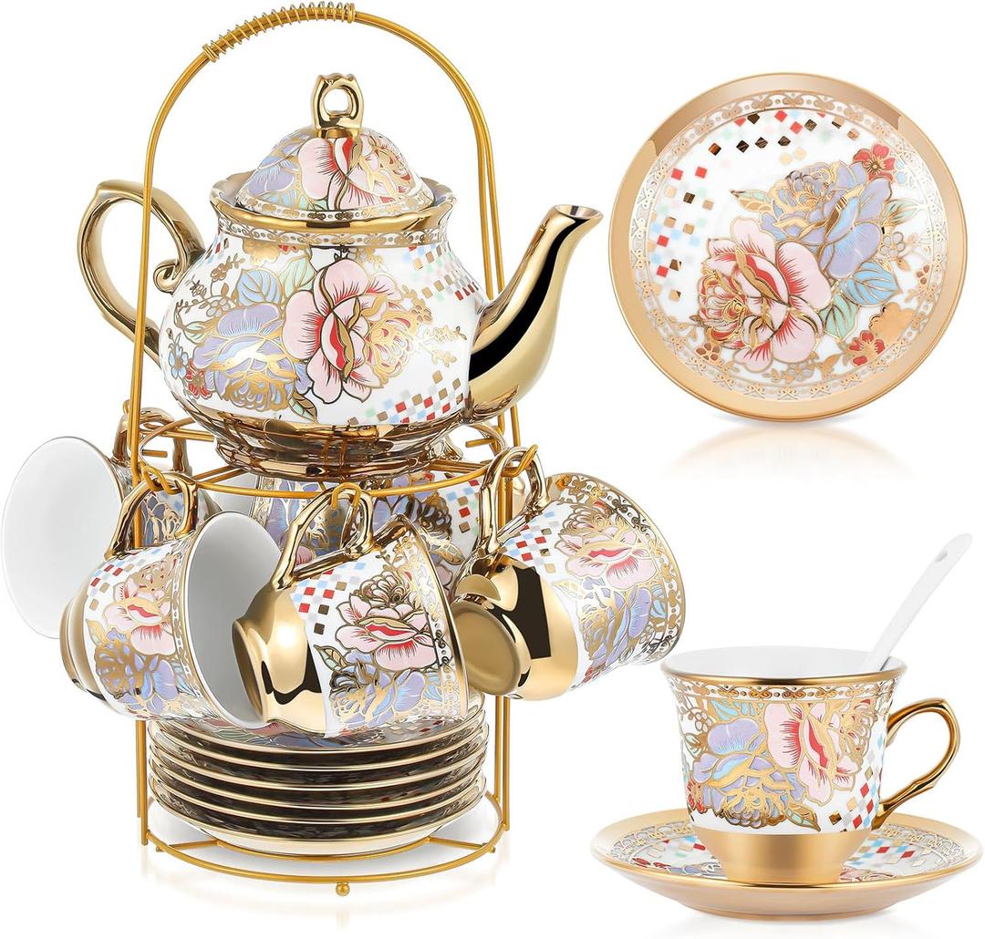 Zhehao 20 Pcs Porcelain Tea Set with Metal Holder and Spoon Adult Ceramic Tea Set European Flower Painting Teapot Cup Saucer Spoon for Women, Large Version(Rustic Style)