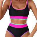 Herseas Women's Bikini Sets Floral Print Whip Stitch 2 Piece Swimsuits High Waisted Scoop Bathing Suits (L)