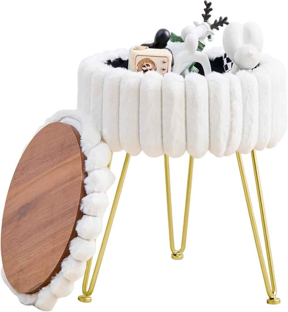 Wimarsbon Vanity Stool with Storage, Faux Fur Ottoman Chair with Metal Legs, Round Makeup Vanity Chair for Bedroom or Dressing Table, Modern Small Ottoman Seat (White)