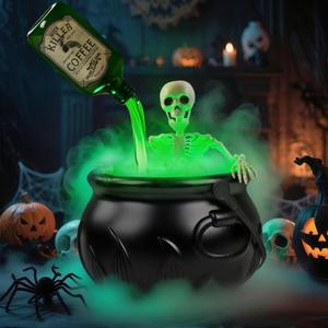 Halloween Decorations Indoor, Cauldron Halloween Decor Set with Magic Floating Potion Bottles Skeleton Mist Maker, Black Witches Cauldron Diffuser for Home Kitchen Mantel Party Decor
