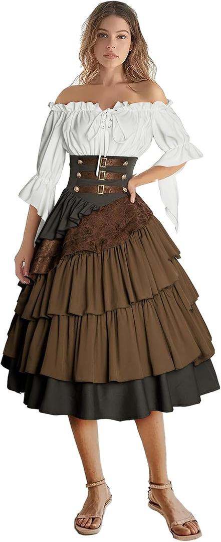 Women's Pirate Costume Retro Renaissance Cosutmes Women Layered Ruffle Viking Outfit Set, Small