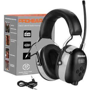 PROHEAR AM FM Digital Ear Protection 25dB NRR Audio Headphones, Noise Reduction Hearing Protection Earmuffs for Lawn Mowing, Workshops, Snowblowing Indoor Outdoor Construction Work - Grey