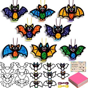 Funrous 32 Set Halloween Suncatcher Crafts Kit Bat Suncatcher Paper Crafts with Tissue Paper DIY Window Stained Glass Effect Hanging Ornaments for Halloween Home School DIY Activities Party Favors