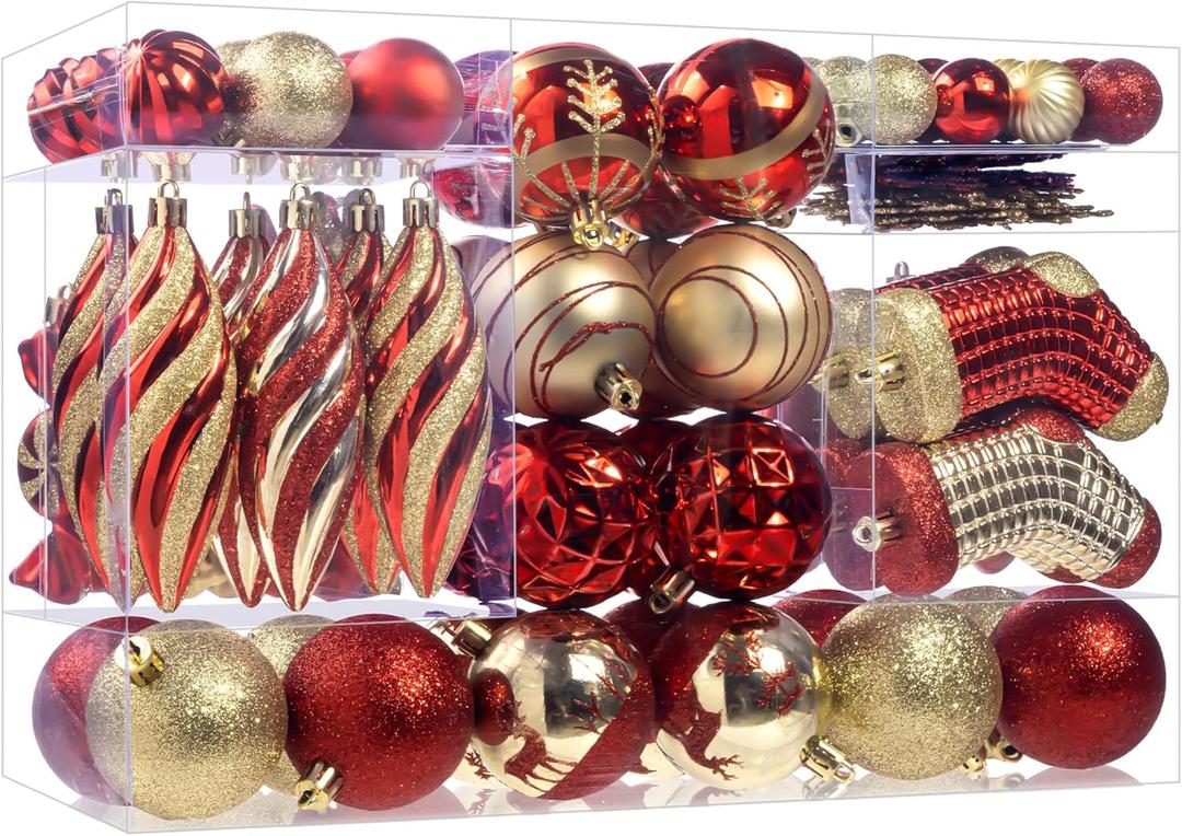 87Pcs Christmas Ball Ornaments Set, Assorted Shatterproof Hanging Tree Decorative for Xmas Tree Holiday Party and Home Decor (Red & Gold)