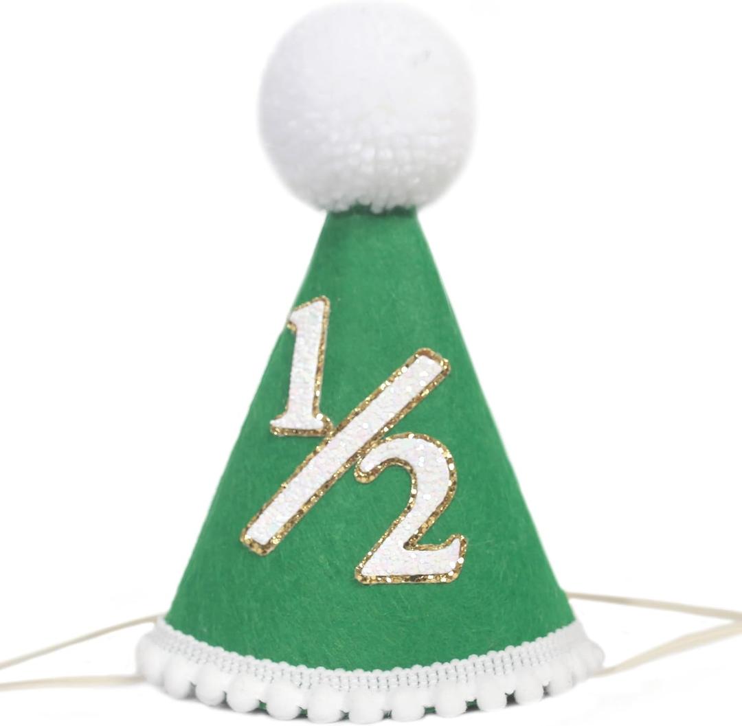 BOOMPA Half Birthday Party Hat, Green Felt with White Pom Pom, 1/2 Number Design