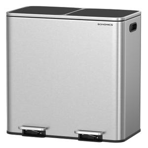 SONGMICS Trash Can, 2 x 10.6 Gallon (2 x 40 L) Garbage Can for Kitchen, with 15 Trash Bags, 2 Compartments, Plastic Inner Buckets and Hinged Lids, Airtight, Silver and Black ULTB730E80 (Silver + Black)