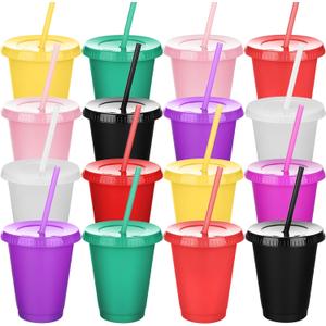Sieral Cups with Straws and Lids Kids Tumbler with Straw Reusable Water Bottle Iced Coffee Travel Mug Adults Plastic Cups for Parties 16 oz(Fresh Colors,15 Pack)