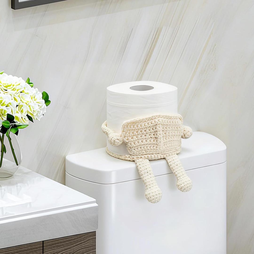 Crochet Toilet Paper Holder, Funny Toilet Paper Holder Free Standing Bathroom Set, Tissue Paper Storage, Cute Bathroom Decor (White)